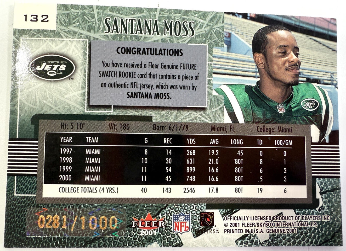 2001 Fleer Genuine Santana Moss Future Swatch Jets Rookie Jersey RC #281/10001