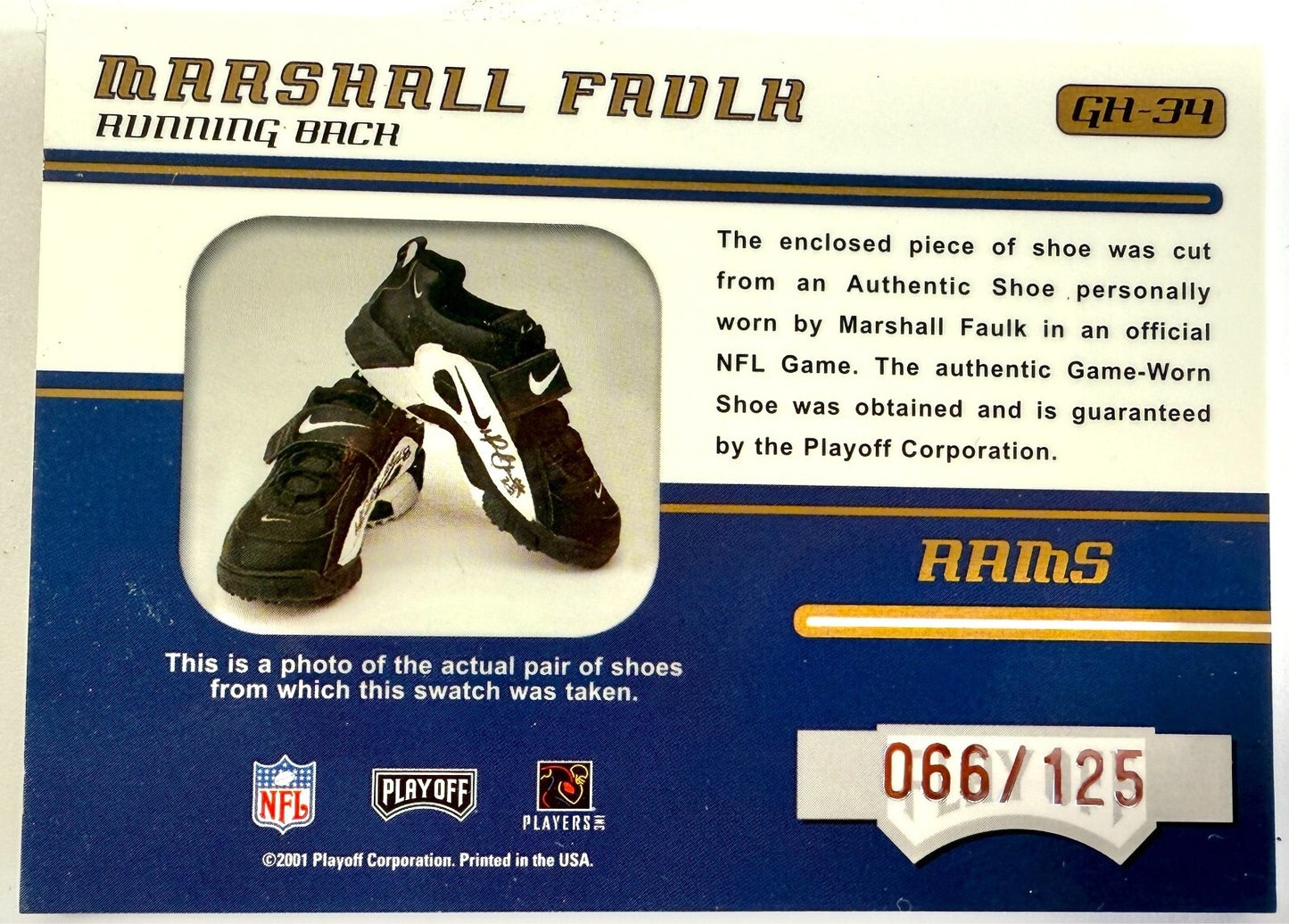 2001 Playoff Absolute Memorabilia Ground Hoggs Shoe 066/125 Marshall Faulk HOF1