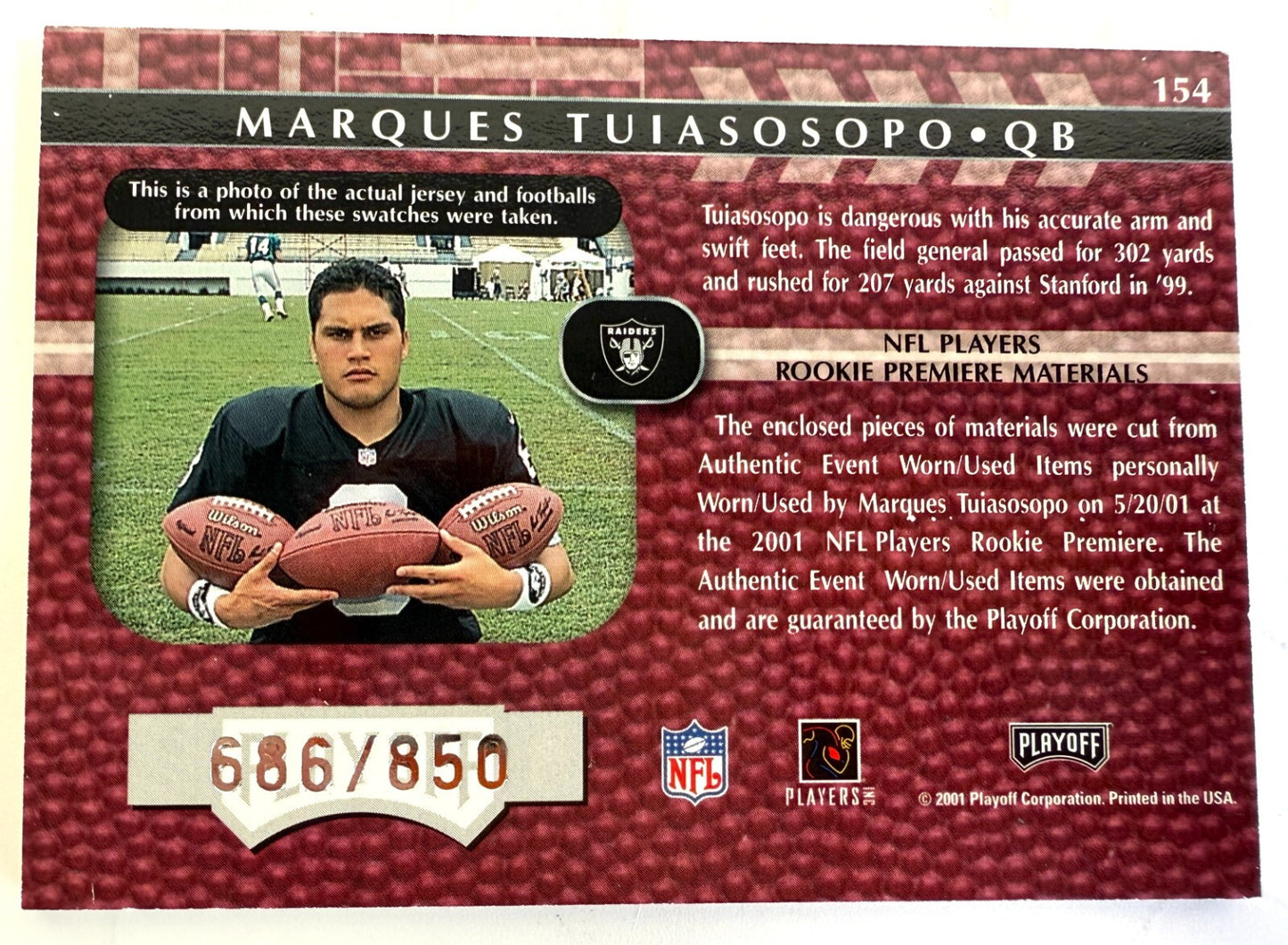 Marques Tuiasosopo 2001 Playoff Absolute Rookie Premiere Materials 686/850 #1541