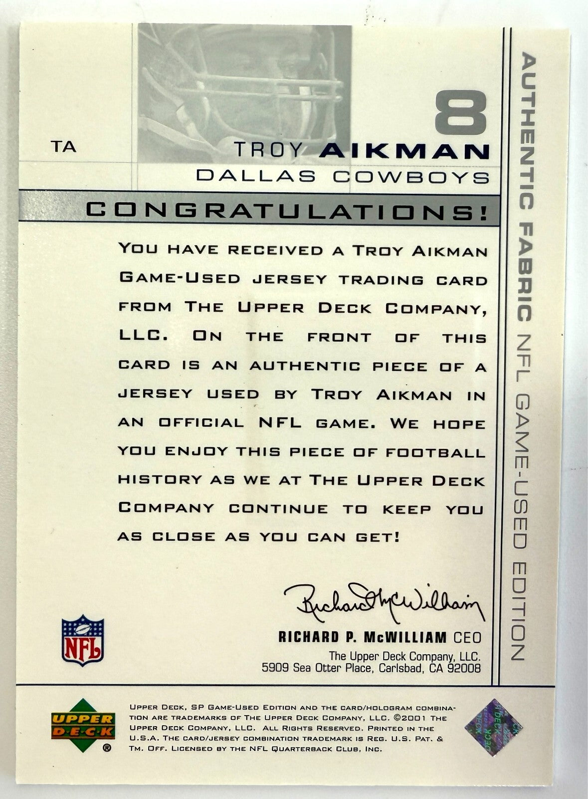 Troy Aikman 2001 Upper Deck SP Game Used Authentic Fabric Solid White Jersey #TA1