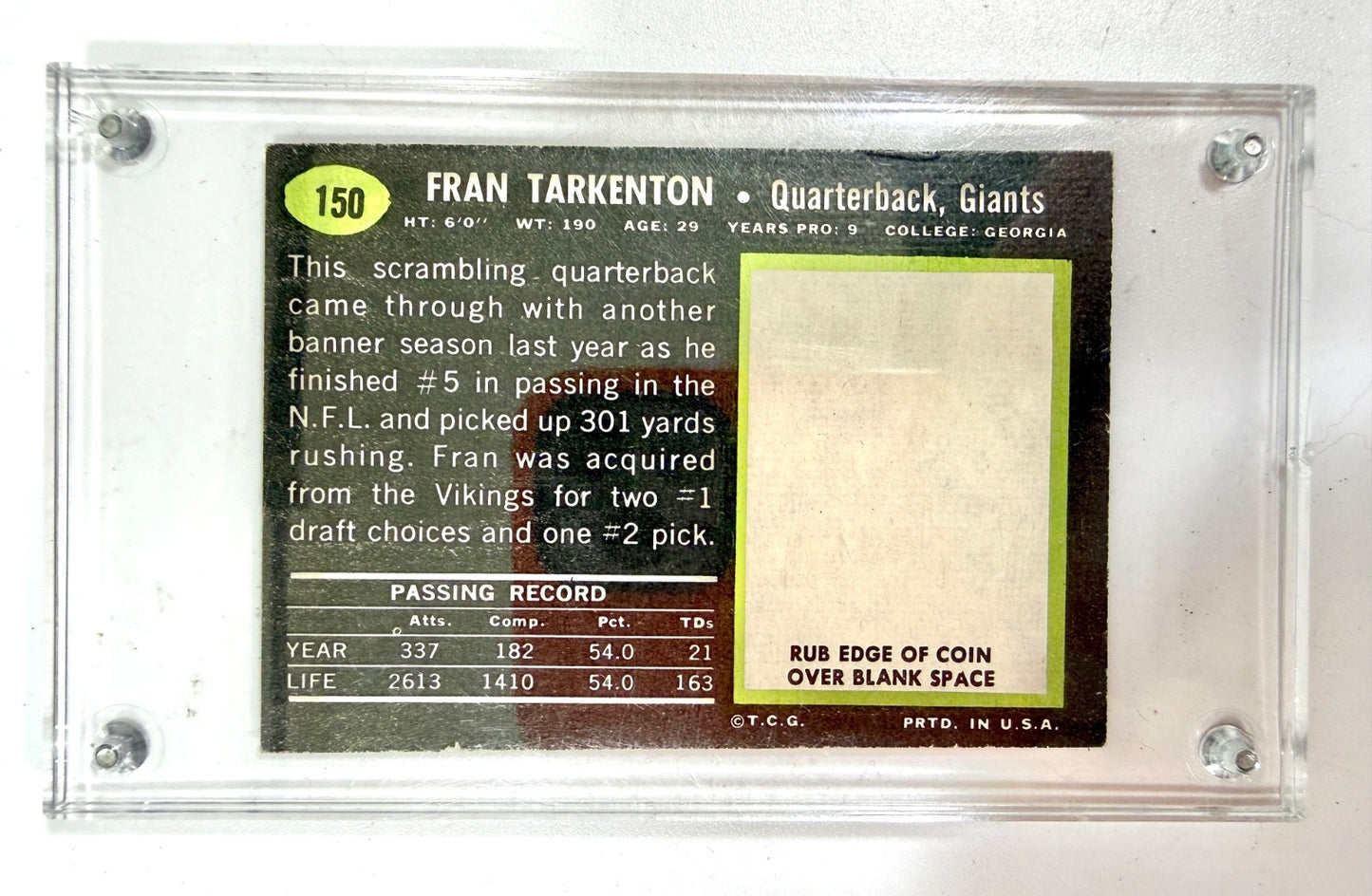 1969 Topps - #150 Fran Tarkenton Giants card, Excellent condition1