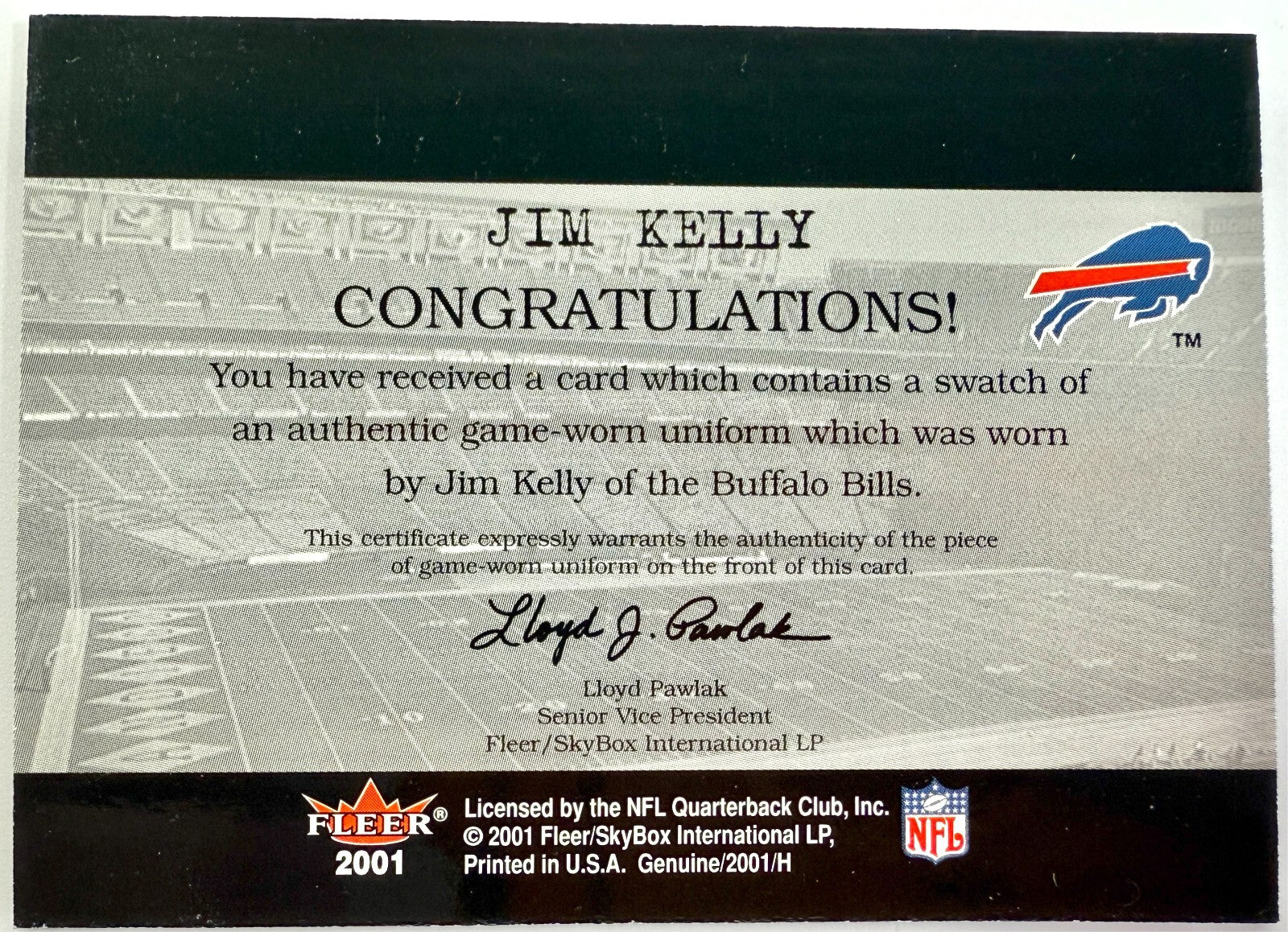 2001 Fleer Genuine Final Cut Jerseys Jim Kelly HOF1