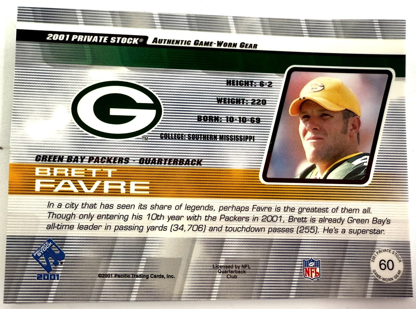 2001 Brett Favre Pacific Private Stock Game Worn Jersey #60 Farve Packers1