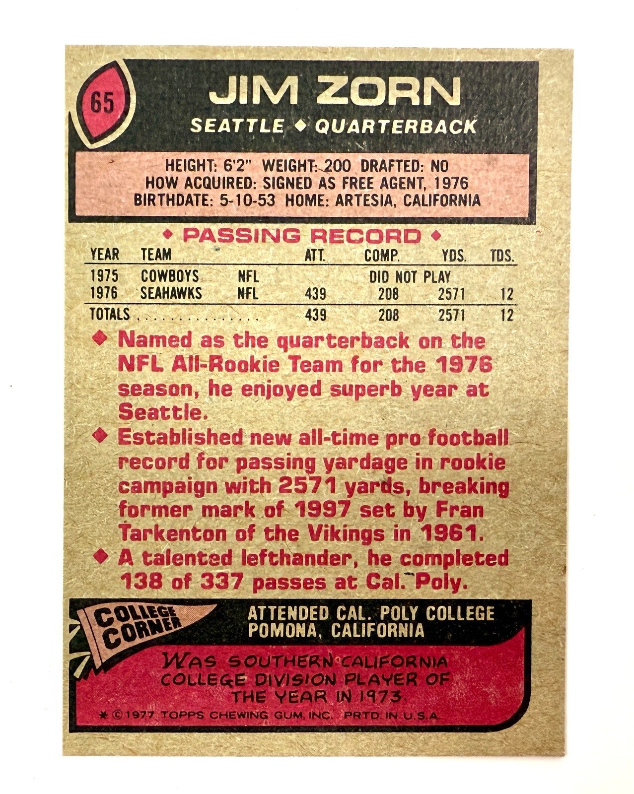 1977 Topps #65 Jim Zorn Rookie RC Seattle Seahawks Rookie EX1