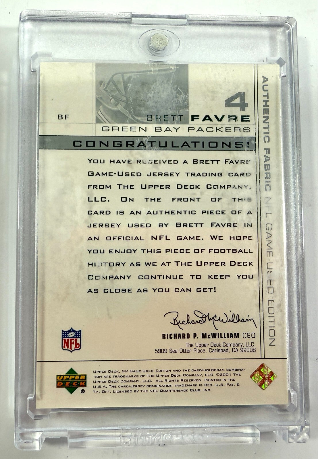 2001 Brett Favre Upper Deck SP Game Used Edition Authentic Fabric G #BF Farve1