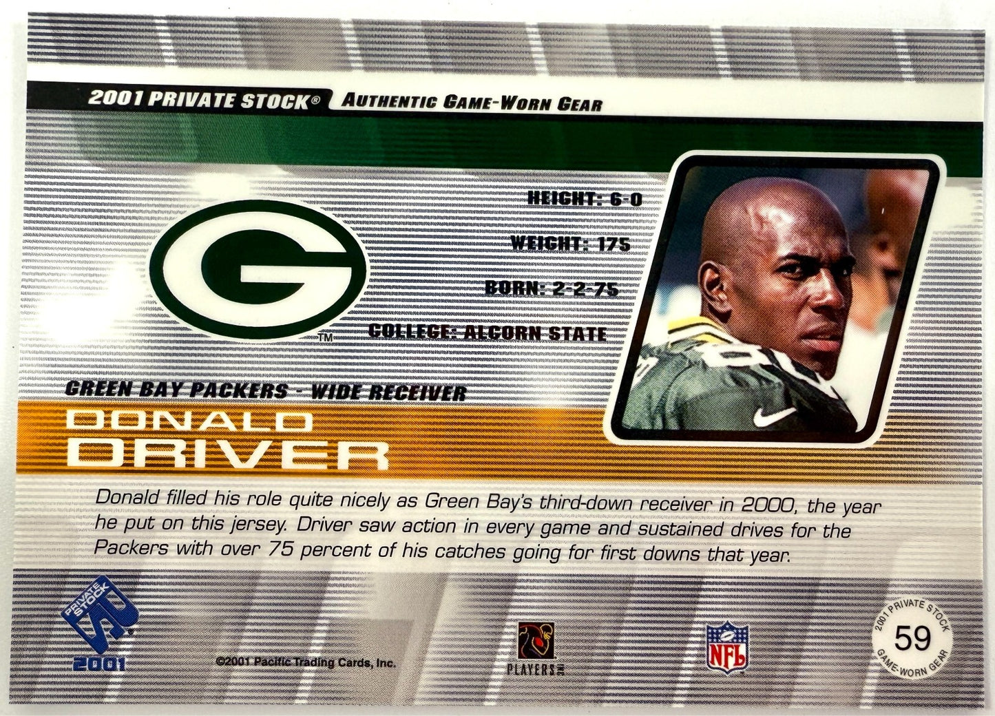 Donald Driver Card 2001 Private Stock Game Worn Gear #59 1