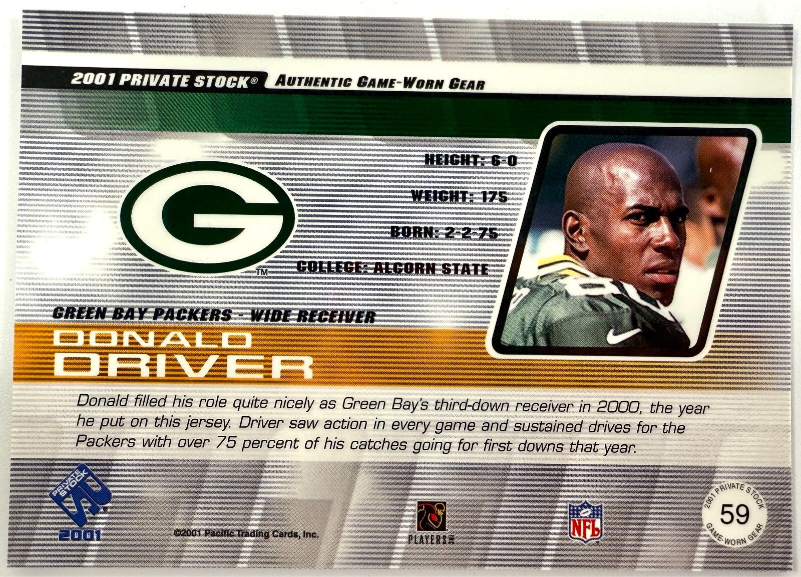 Donald Driver Card 2001 Private Stock Game Worn Gear #59 1